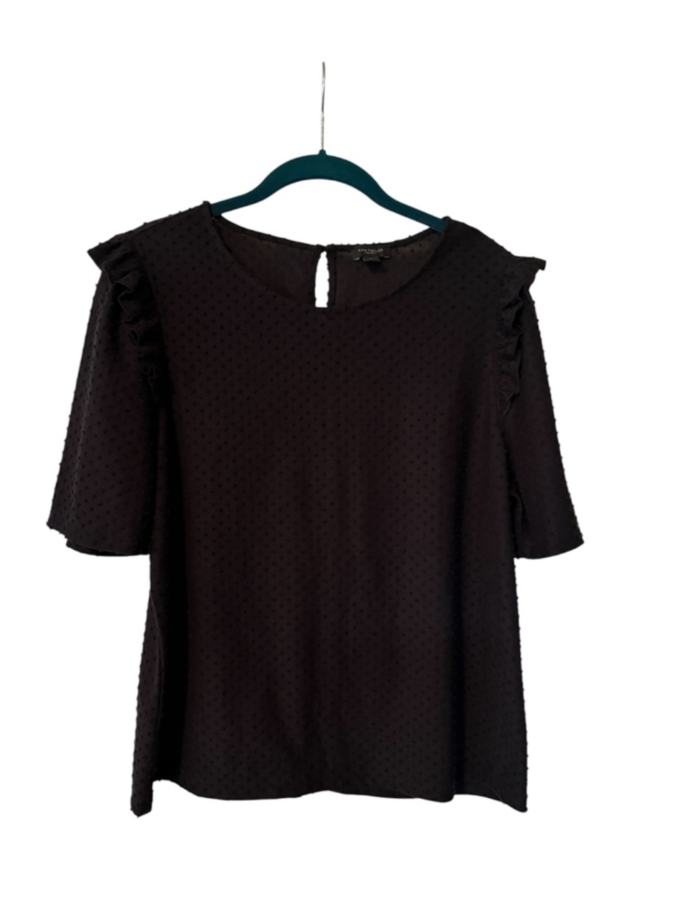 Ann Taylor Factory Black Ruffle Shoulder Dot-Texture Blouse